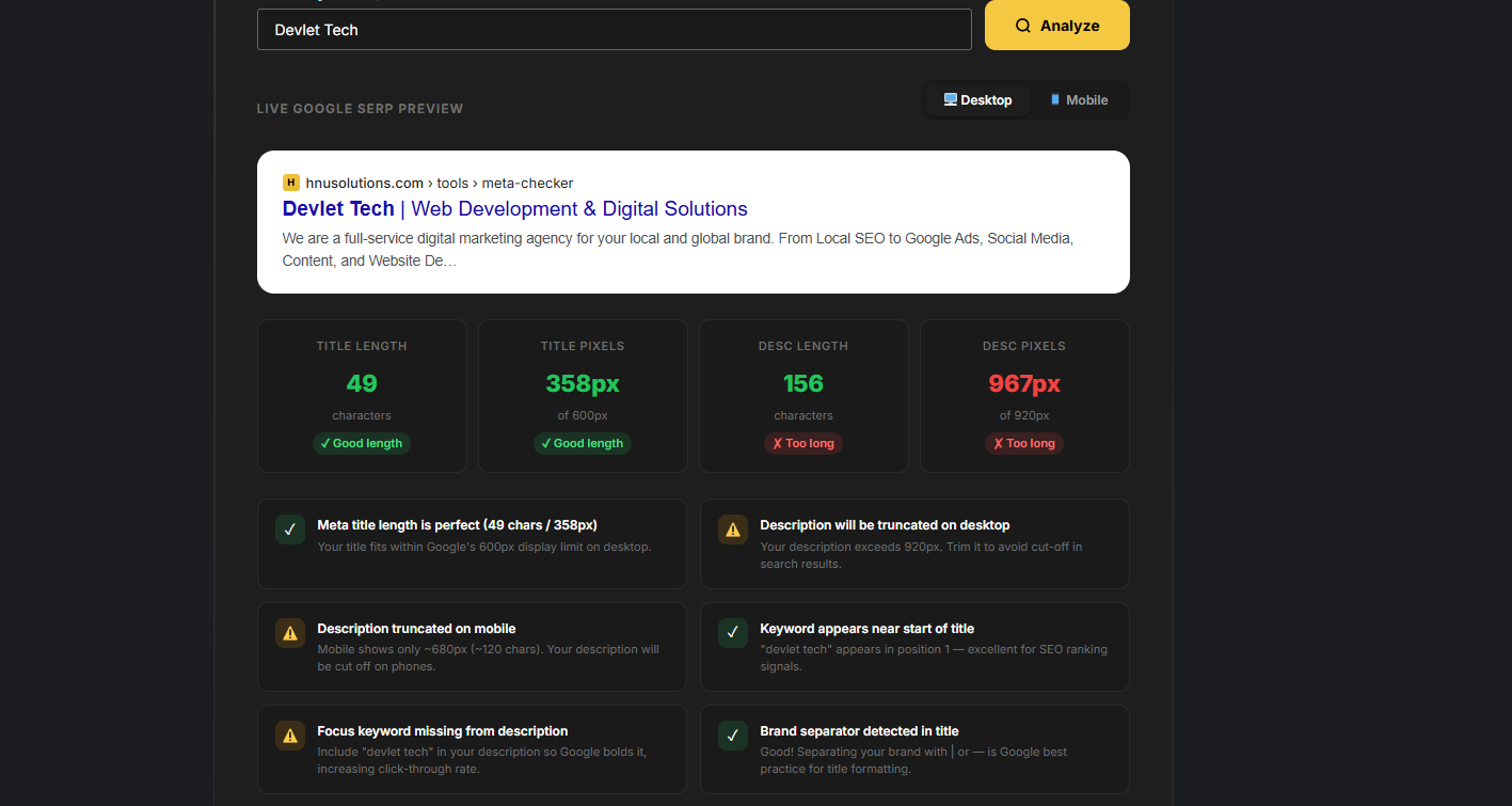 Meta title checker tool showing live Google SERP preview with pixel width calculator and keyword analysis