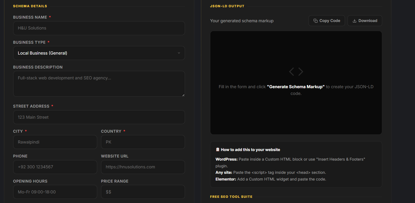 Free schema markup generator tool showing FAQ JSON-LD structured data output with copy and download buttons