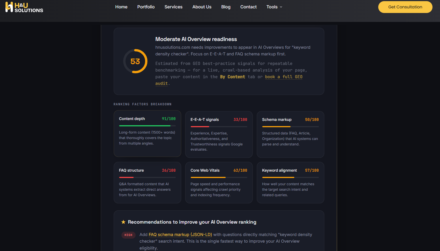 Free AI Overview Checker tool by H&U Solutions showing a GEO readiness score out of 100